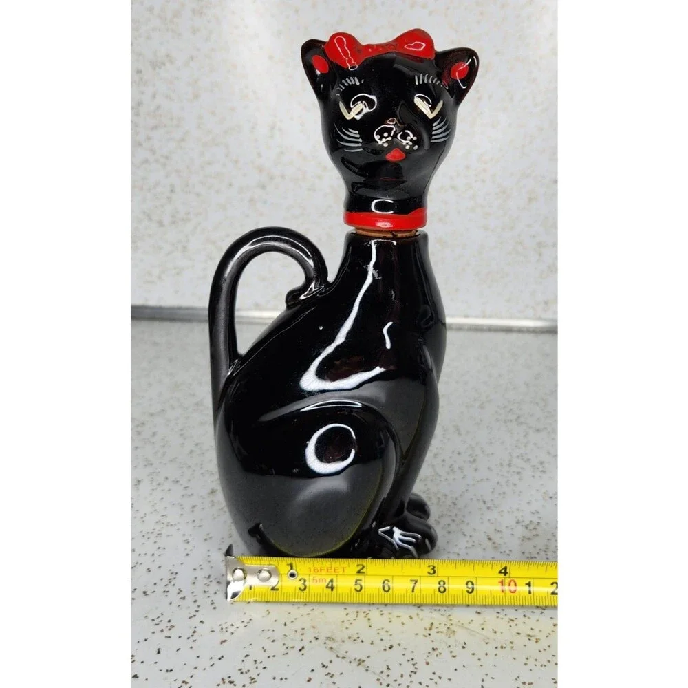 Shafford Japan Redware Black Cat Red Bow Sake Cruet Bottle Vintage HTF Rare